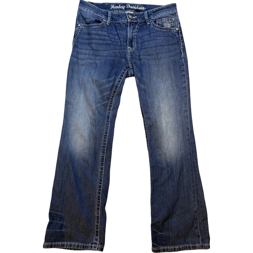 Harley-Davidson Bootcut Jeans Womens 12 Petite Blue Embroidered Wing Denim